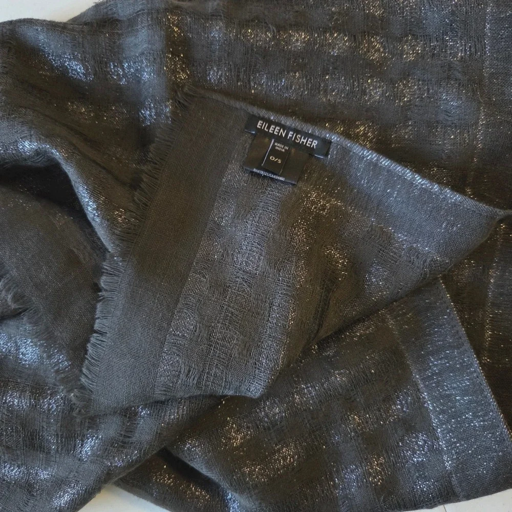 Eileen Fisher Charcoal Grey Silver Metallic Wool Fringe Scarf Shawl Wrap O/S